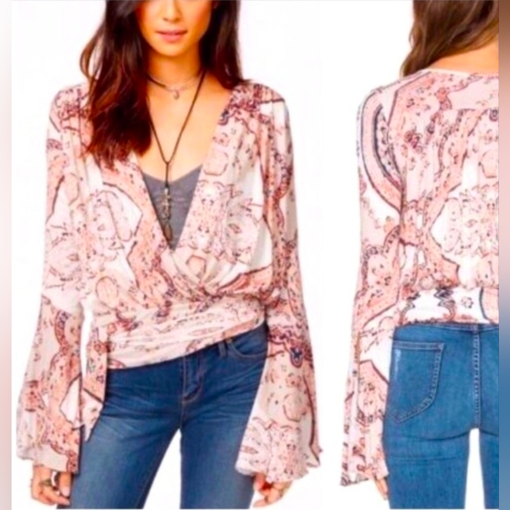 FREE PEOPLE Women's FIONA PAISLEY PRINT WRAP LONG SLEEVE TOP IVORY COMBO L